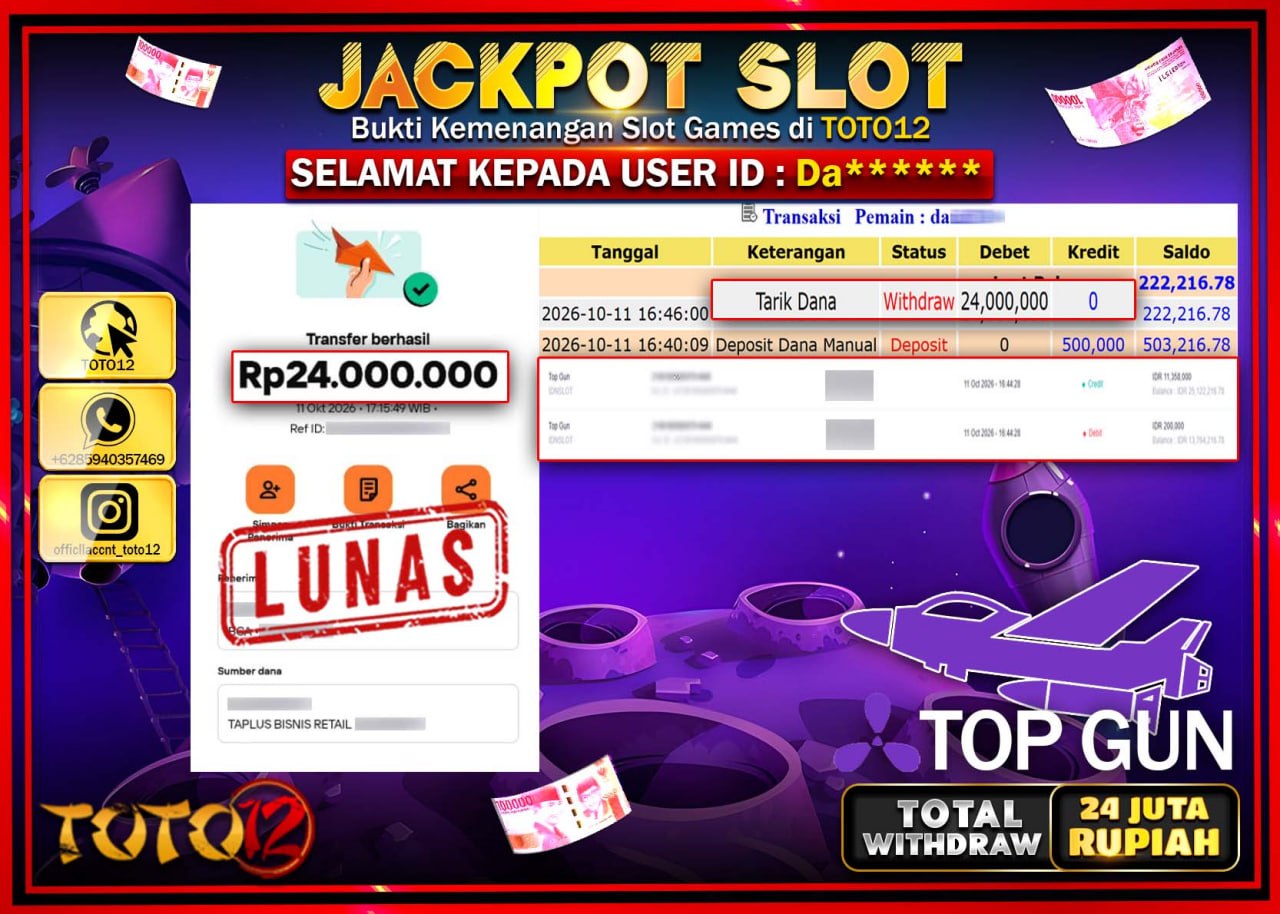 HANYA DI TOTO12 JP PASTI DI BAYAR LUNAS DAN CEPAT!!!!!! JACKPOT SLOT GAME (TOP GUN) Rp24.000.000!!!!