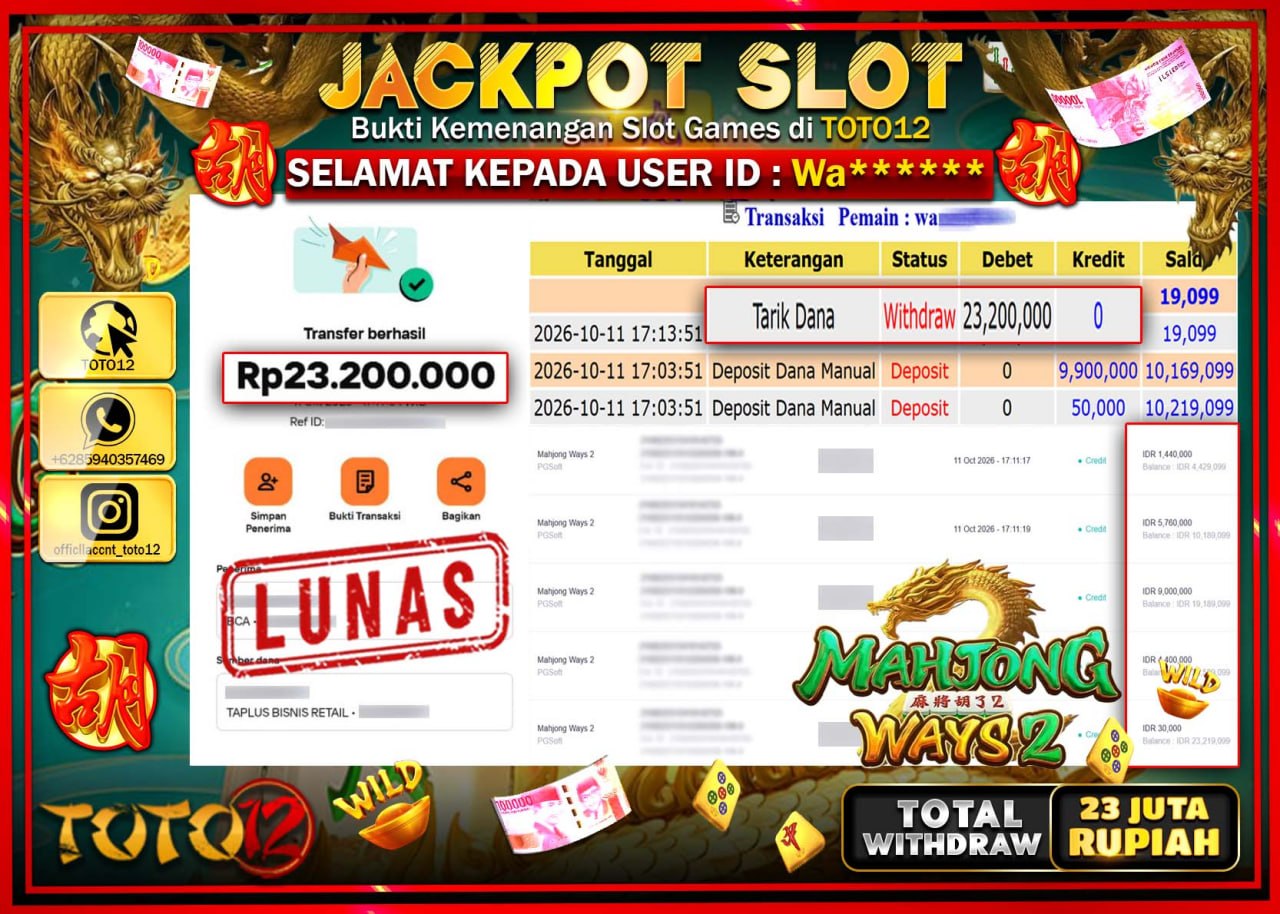 HANYA DI TOTO12 JP PASTI DI BAYAR LUNAS DAN CEPAT!!!!!! JACKPOT SLOT GAME (MAHJONG WAYS 2) Rp23.200.000!!!!