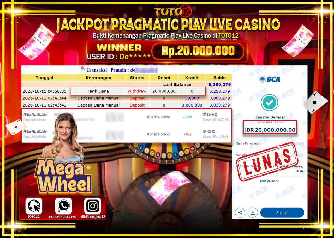 HANYA DI TOTO12 JP PASTI DI BAYAR LUNAS DAN CEPAT!!!!!! JACKPOT PRAGMATIC PLAY LIVE CASINO(MEGA WHEEL) Rp20.000.000!!!!