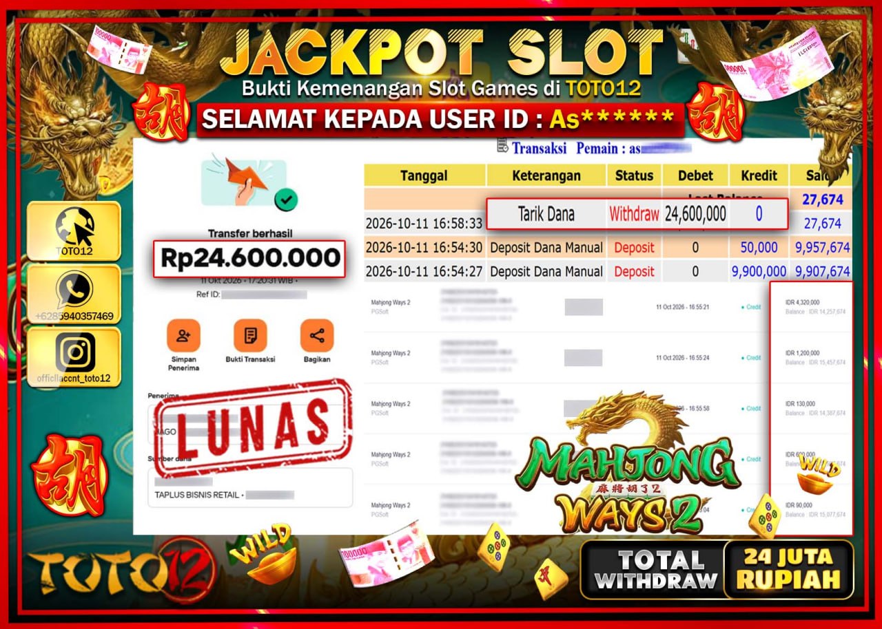 HANYA DI TOTO12 JP PASTI DI BAYAR LUNAS DAN CEPAT!!!!!! JACKPOT SLOT GAME (MAHJONG WAYS 2) Rp24.600.000!!!!