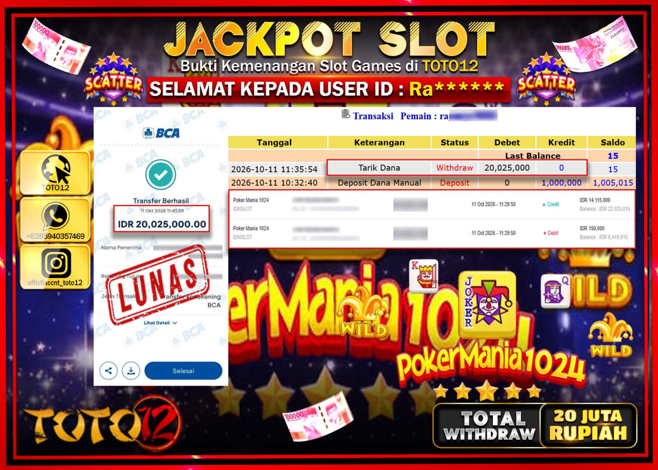 HANYA DI TOTO12 JP PASTI DI BAYAR LUNAS DAN CEPAT!!!!!! JACKPOT SLOT GAME (POKER MANIA 1024) Rp20.025.000!!!!