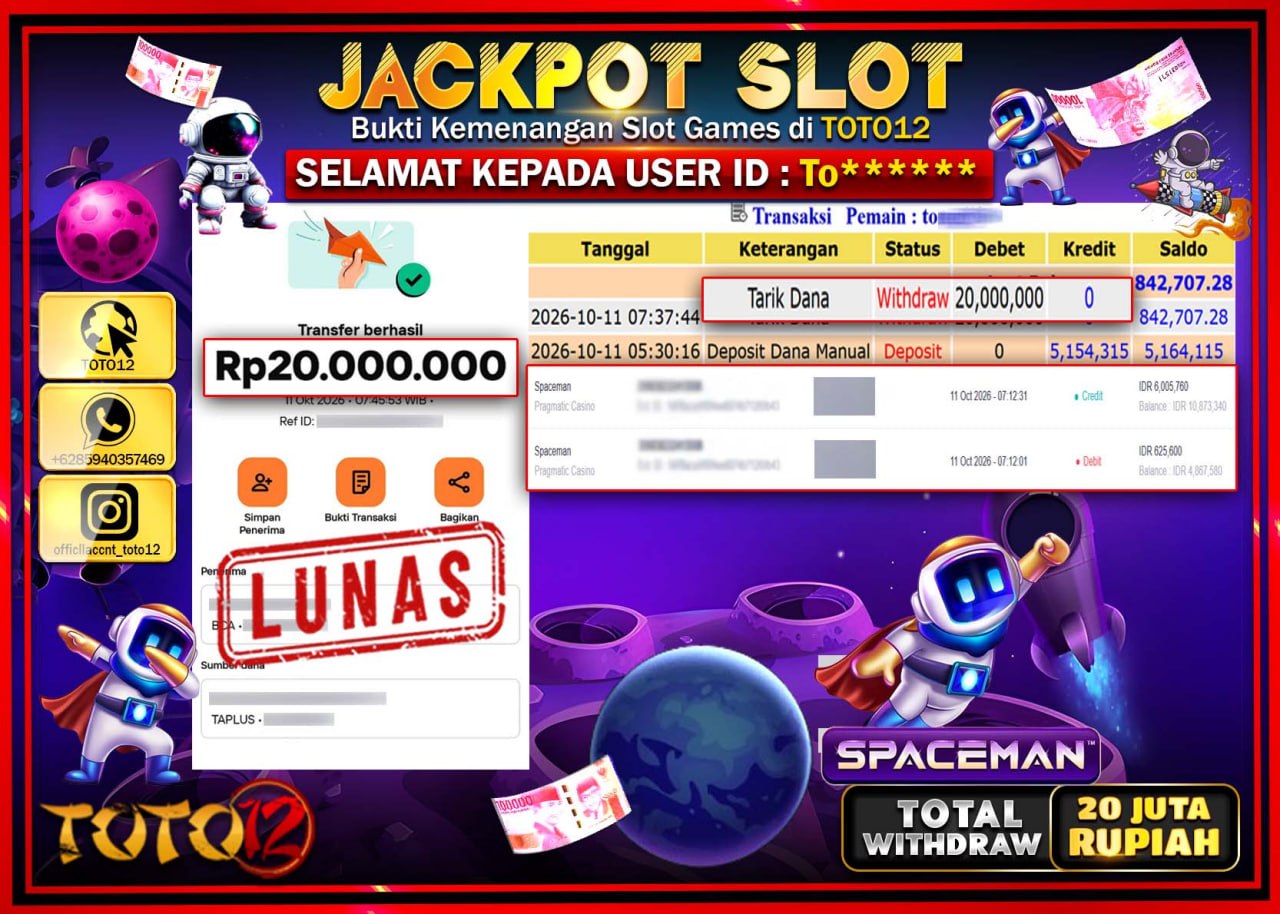 HANYA DI TOTO12 JP PASTI DI BAYAR LUNAS DAN CEPAT!!!!!! JACKPOT SLOT GAME (SPACEMAN) Rp20.000.000!!!!