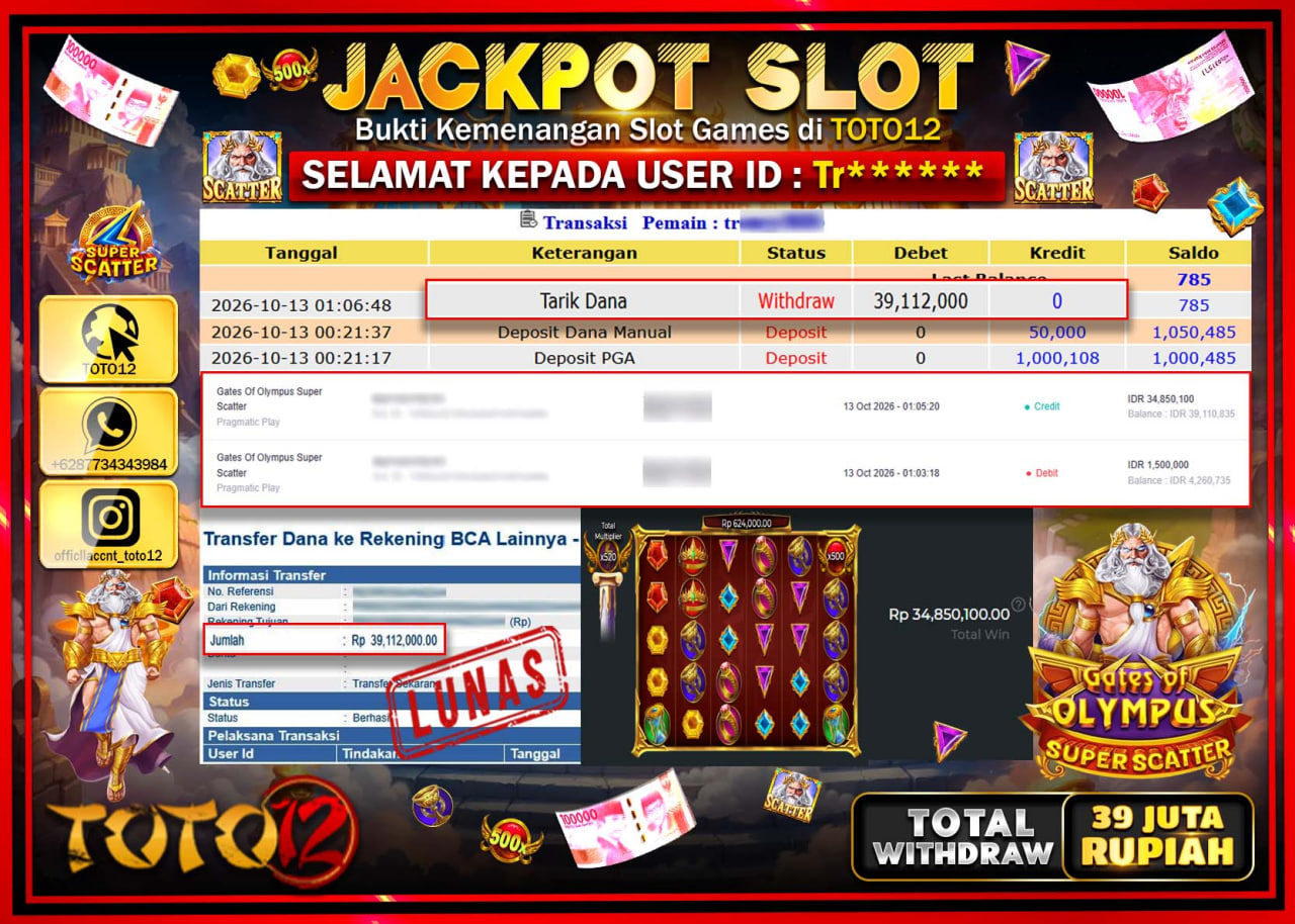 HANYA DI TOTO12 JP PASTI DI BAYAR LUNAS DAN CEPAT!!!!!! JACKPOT SLOT GAME (GATES OF OLYMPUS SUPER SCATTER) Rp39.112.000!!!!