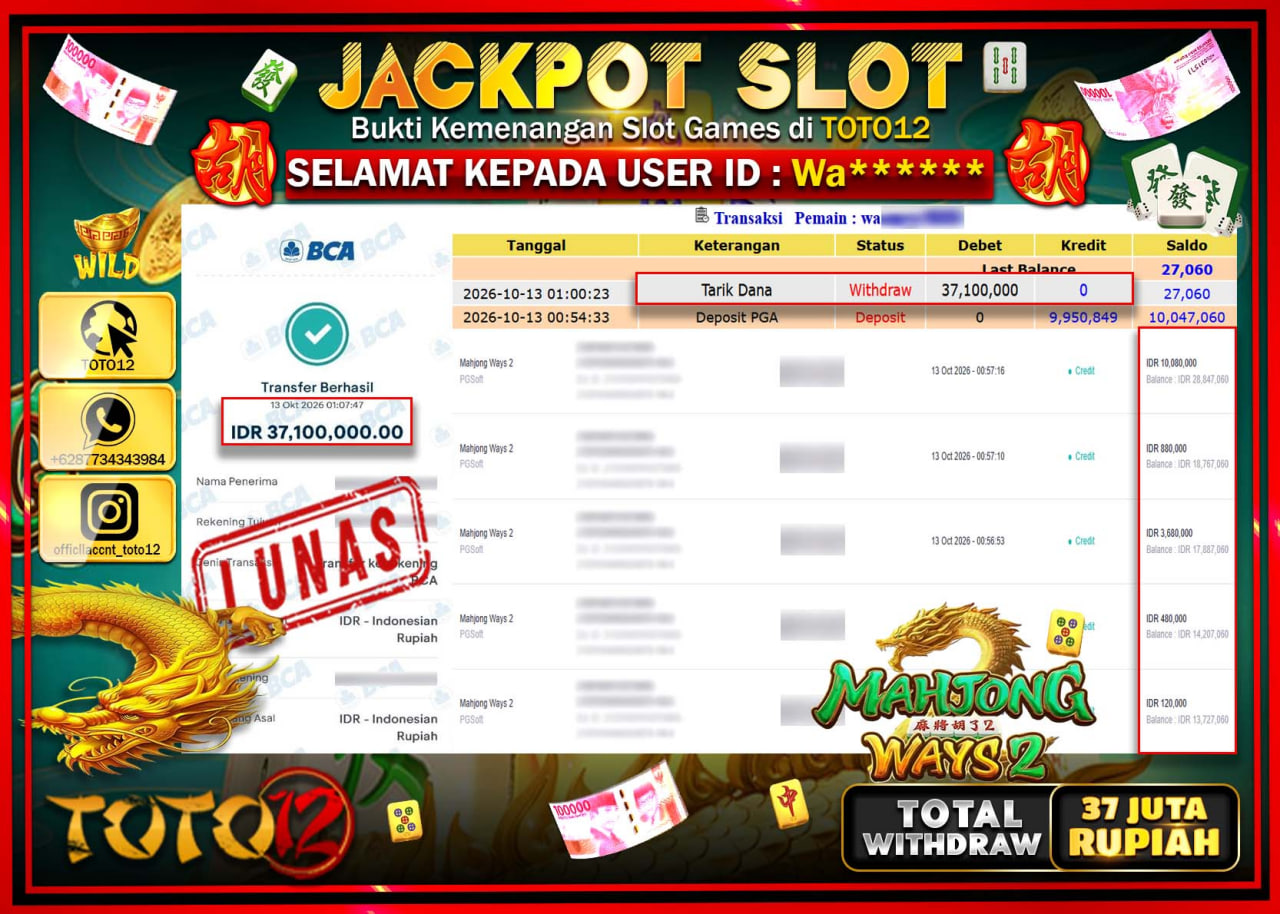 HANYA DI TOTO12 JP PASTI DI BAYAR LUNAS DAN CEPAT!!!!!! JACKPOT SLOT GAME (MAHJONG WAYS 2) Rp37.100.000!!!!