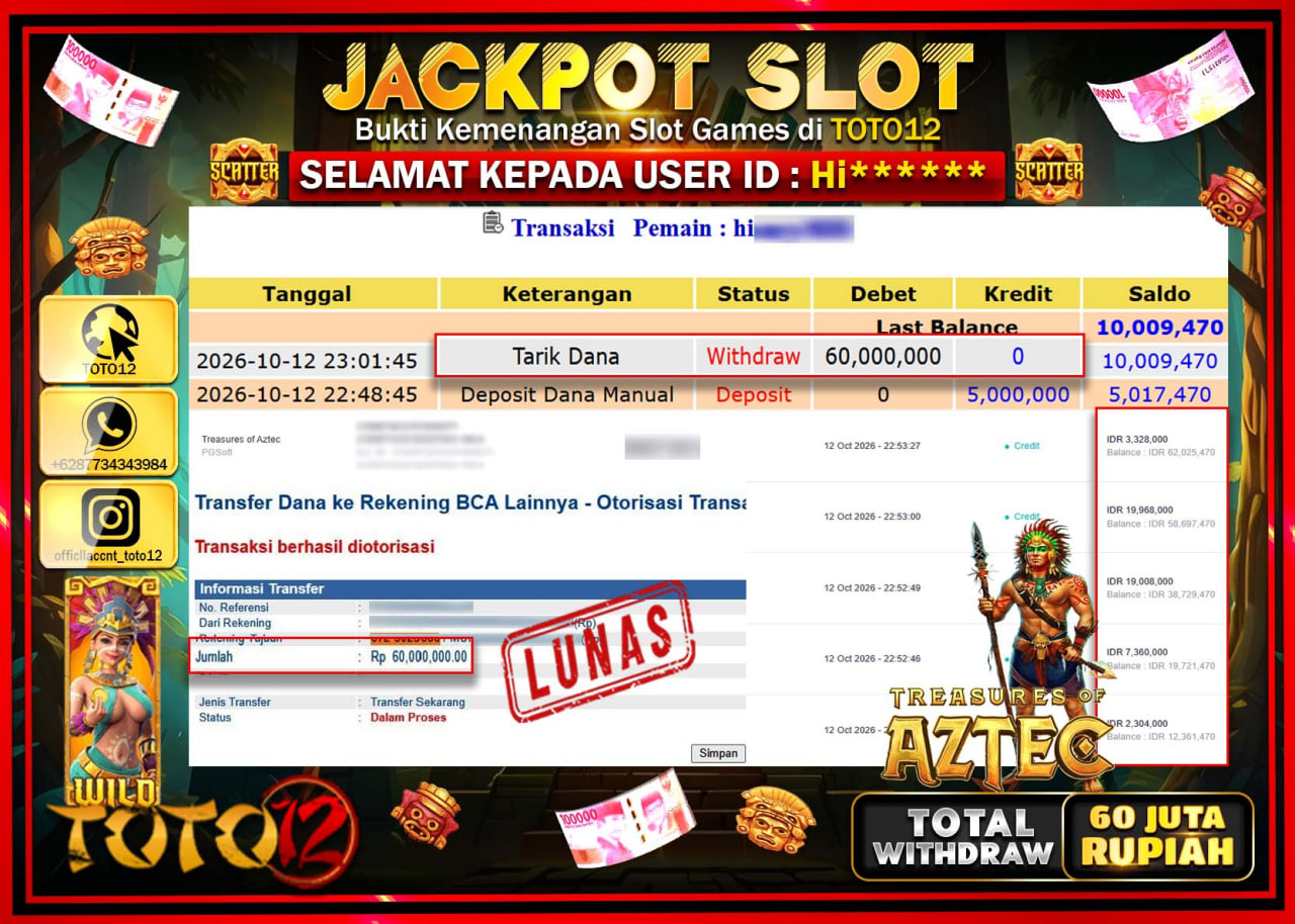 HANYA DI TOTO12 JP PASTI DI BAYAR LUNAS DAN CEPAT!!!!!! JACKPOT SLOT GAME (TREASURES OF AZTEC) Rp60.000.000!!!!
