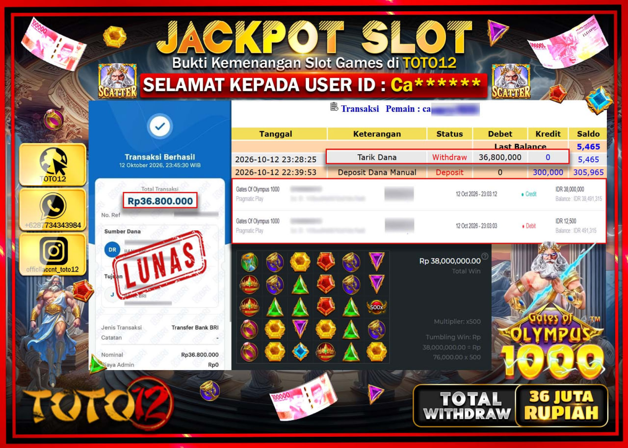 HANYA DI TOTO12 JP PASTI DI BAYAR LUNAS DAN CEPAT!!!!!! JACKPOT SLOT GAME (GATES OF OLYMPUS 1000) Rp36.800.000!!!!