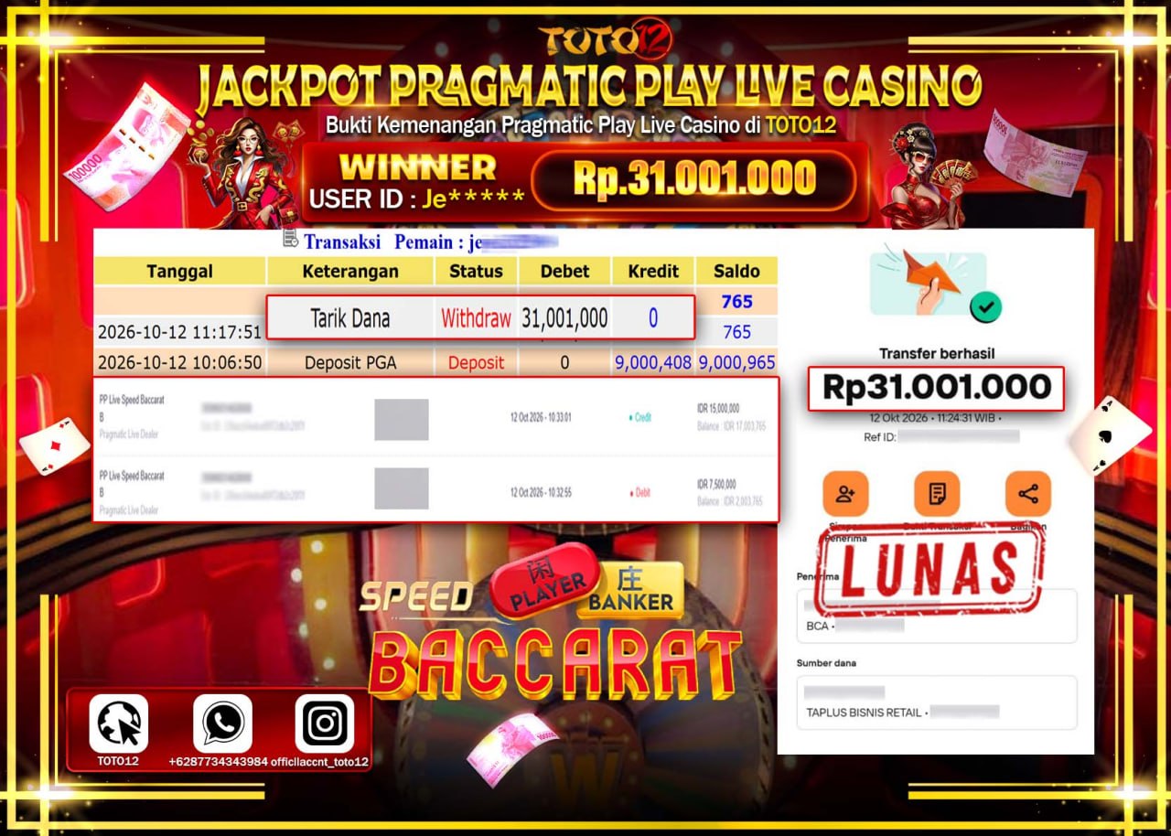 HANYA DI TOTO12 JP PASTI DI BAYAR LUNAS DAN CEPAT!!!!!! JACKPOT PRAGMATIC PLAY LIVE CASINO (SPEED BACCARAT 8) Rp31.001.000!!!!