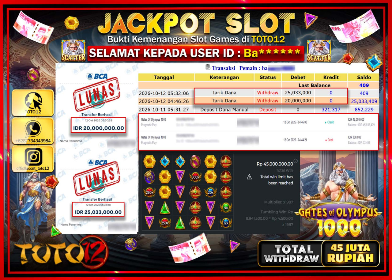 HANYA DI TOTO12 JP PASTI DI BAYAR LUNAS DAN CEPAT!!!!!! JACKPOT SLOT GAME (GATES OF OLYMPUS 1000) Rp45.033.000!!!!