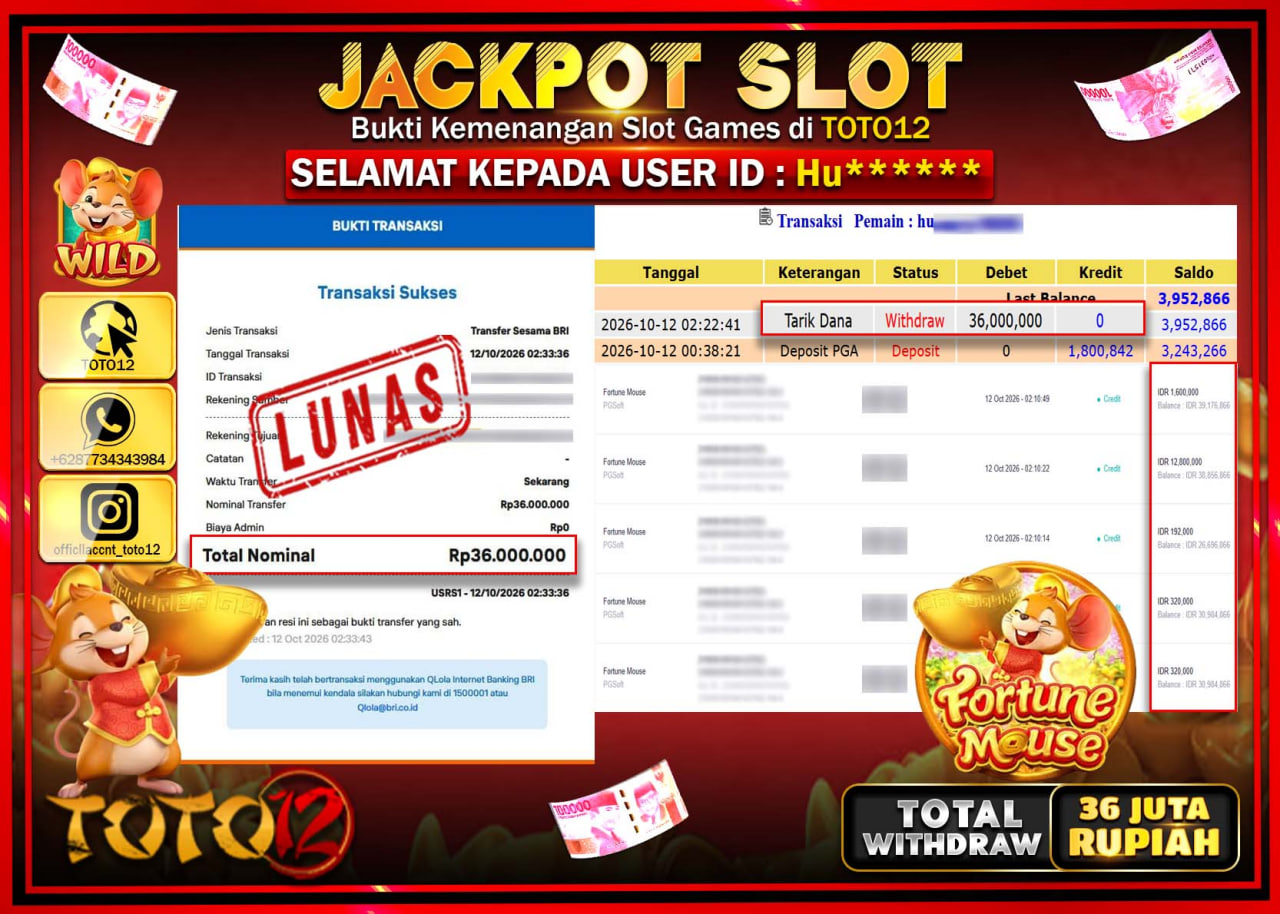 HANYA DI TOTO12 JP PASTI DI BAYAR LUNAS DAN CEPAT!!!!!! JACKPOT SLOT GAME(FORTUNE MOUSE) Rp36.000.000!!!!