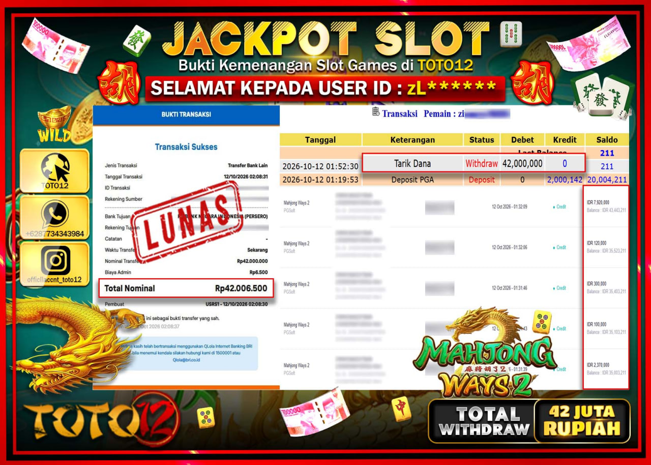 HANYA DI TOTO12 JP PASTI DI BAYAR LUNAS DAN CEPAT!!!!!! JACKPOT SLOT GAME(MAHJONG WAYS 2) Rp42.000.000!!!!