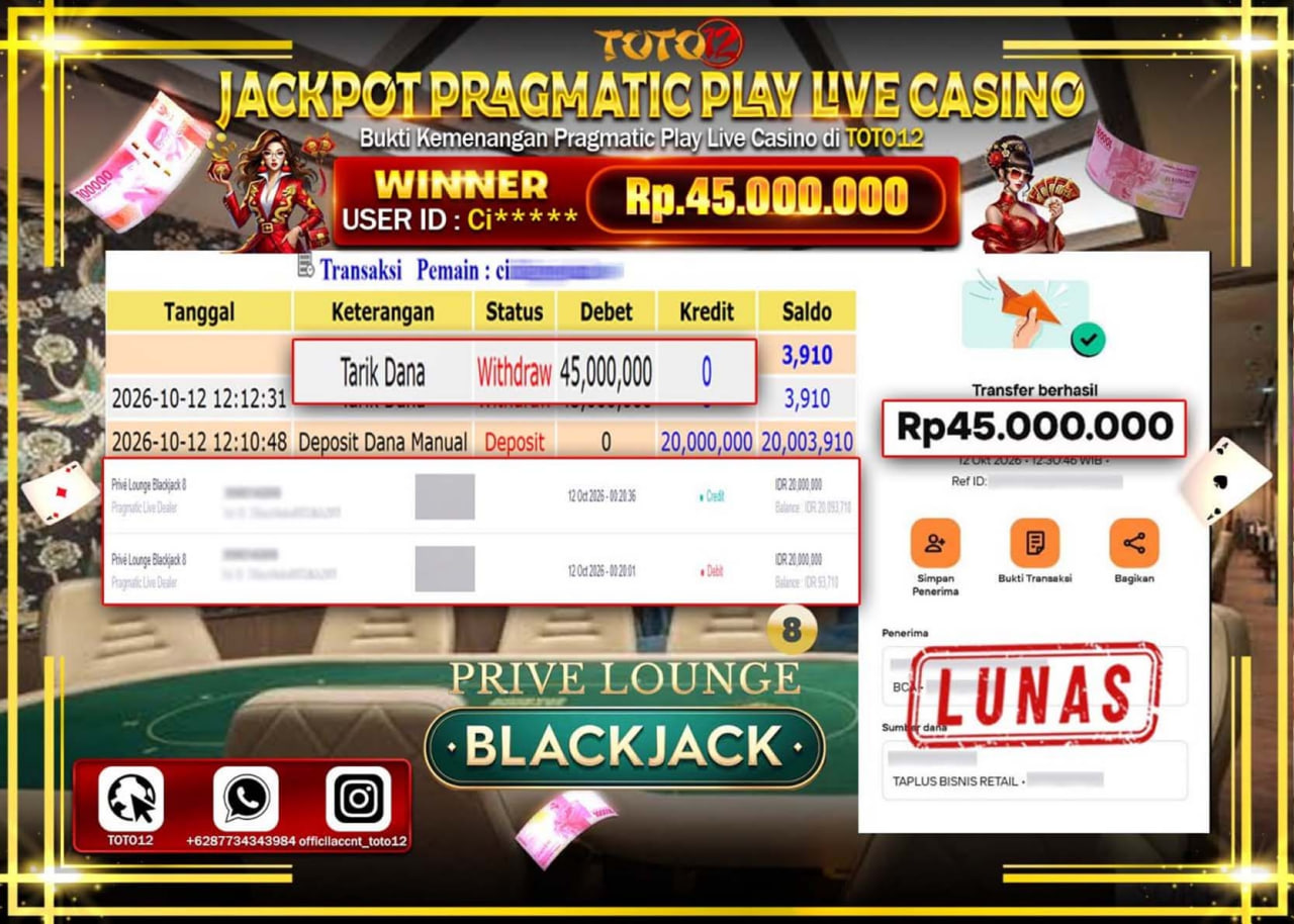 HANYA DI TOTO12 JP PASTI DI BAYAR LUNAS DAN CEPAT!!!!!! JACKPOT PRAGMATIC PLAY LIVE CASINO (PRIVE LOUNGE BLACKJACK) Rp45.000.000!!!!