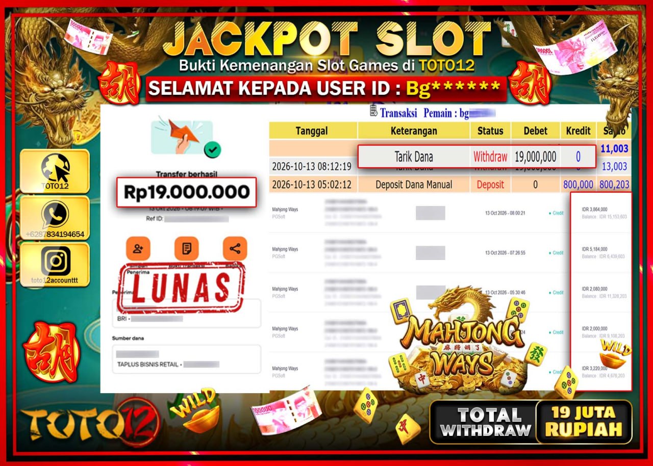HANYA DI TOTO12 JP PASTI DI BAYAR LUNAS DAN CEPAT!!!!!! JACKPOT SLOT GAME(MAHJONG WAYS) Rp19.000.000!!!!