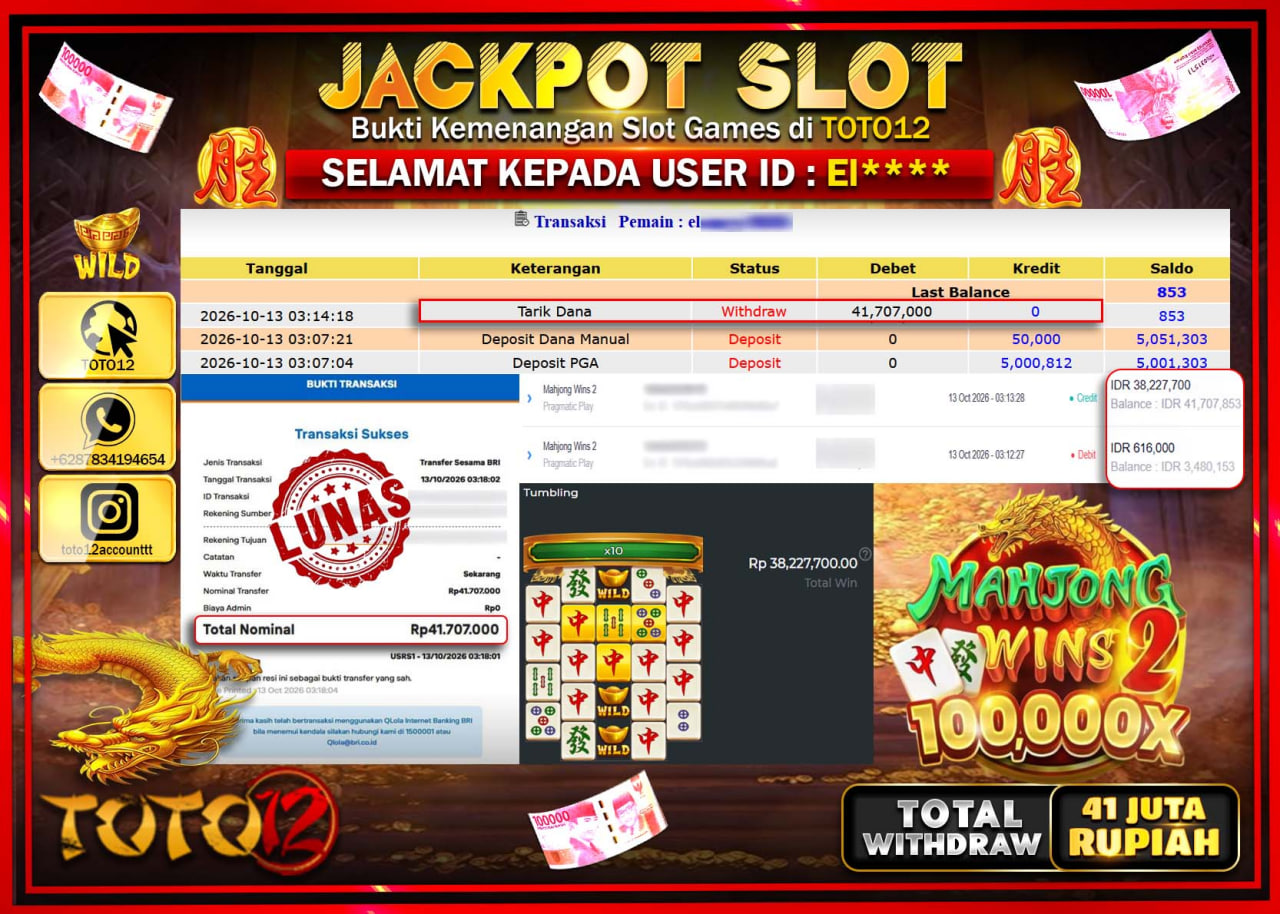 HANYA DI TOTO12 JP PASTI DI BAYAR LUNAS DAN CEPAT!!!!!! JACKPOT SLOT GAME(MAHJONG WINS 2) Rp41.707.000!!!!