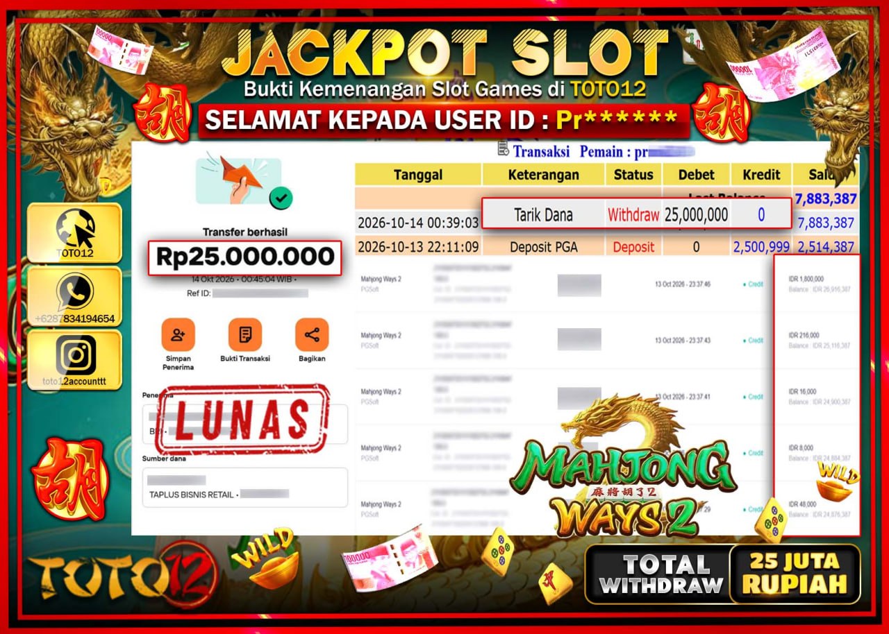 HANYA DI TOTO12 JP PASTI DI BAYAR LUNAS DAN CEPAT!!!!!! JACKPOT SLOT GAME(MAHJONG WAYS 2) Rp25.000.000!!!!