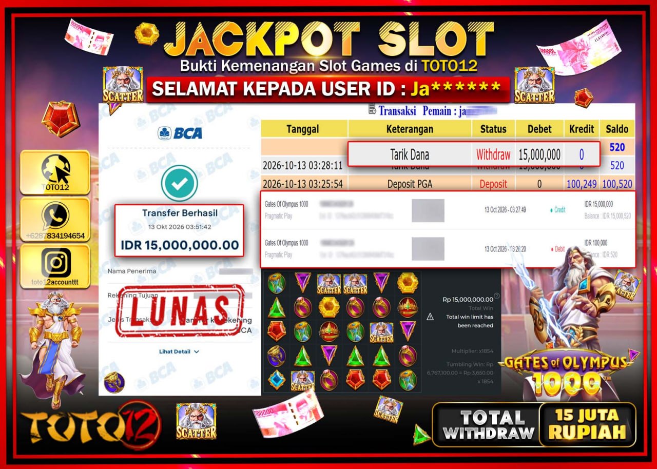 HANYA DI TOTO12 JP PASTI DI BAYAR LUNAS DAN CEPAT!!!!!! JACKPOT SLOT GAME(GATES OF OLYMPUS 1000) Rp15.000.000!!!!