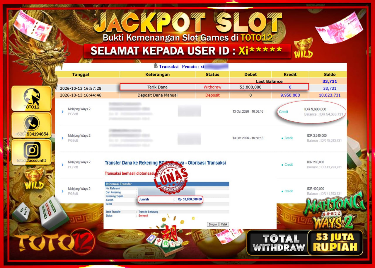 HANYA DI TOTO12 JP PASTI DI BAYAR LUNAS DAN CEPAT!!!!!! JACKPOT SLOT GAME(MAHJONG WAYS 2) Rp53.800.000!!!!