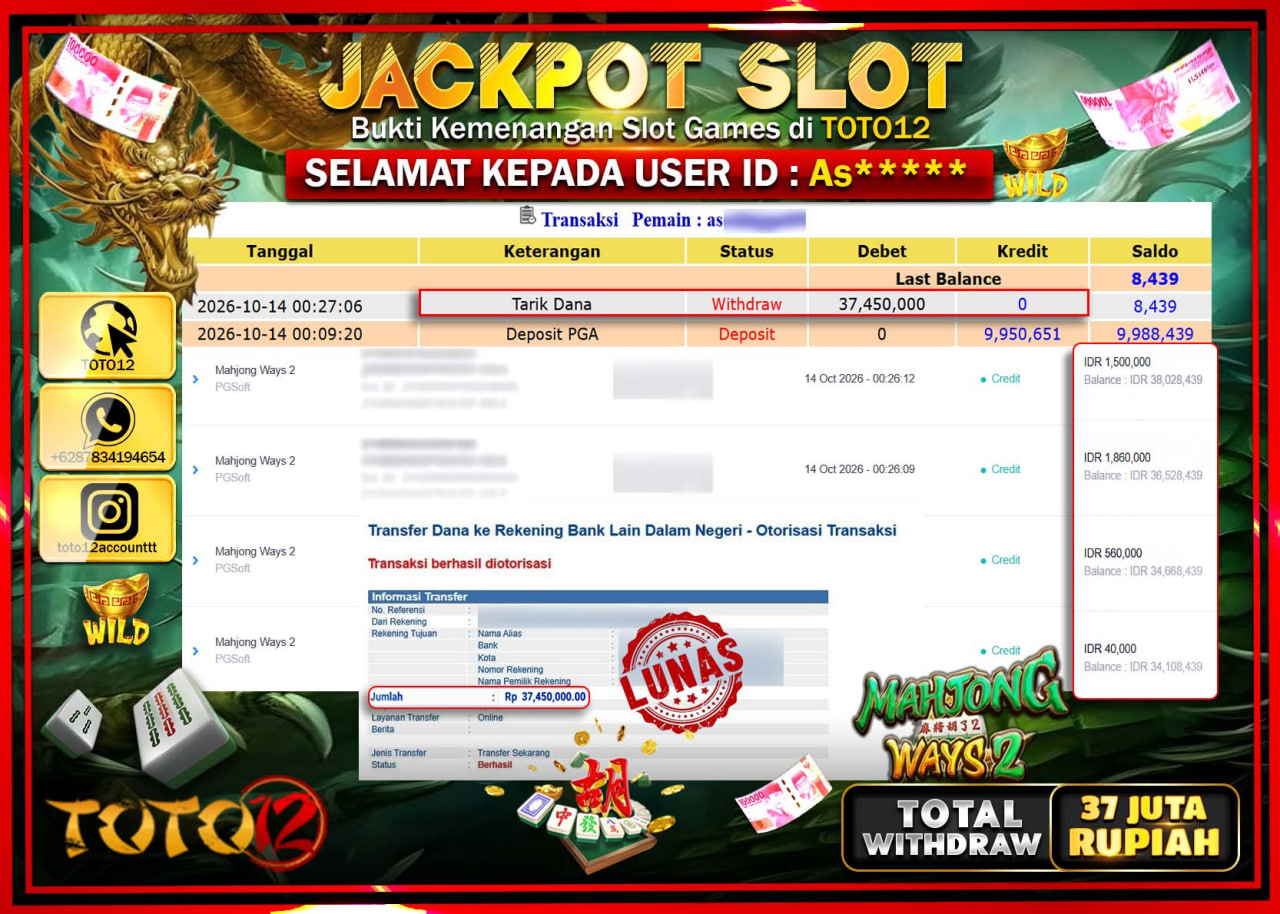 HANYA DI TOTO12 JP PASTI DI BAYAR LUNAS DAN CEPAT!!!!!! JACKPOT SLOT GAME(MAHJONG WAYS 2) Rp37.450.000!!!!