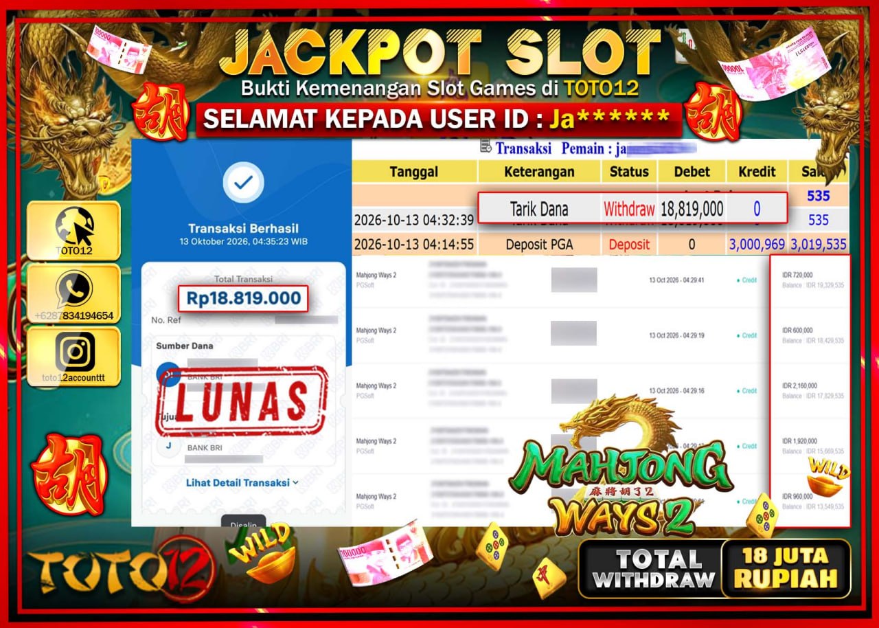 HANYA DI TOTO12 JP PASTI DI BAYAR LUNAS DAN CEPAT!!!!!! JACKPOT SLOT GAME(MAHJONG WAYS 2) Rp18.819.000!!!!