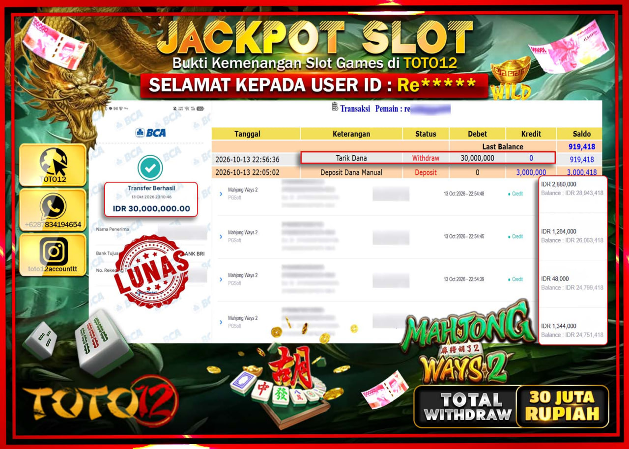 HANYA DI TOTO12 JP PASTI DI BAYAR LUNAS DAN CEPAT!!!!!! JACKPOT SLOT GAME(MAHJONG WAYS 2) Rp30.000.000!!!!