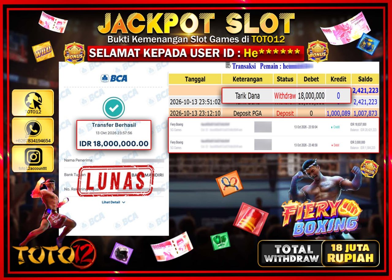 HANYA DI TOTO12 JP PASTI DI BAYAR LUNAS DAN CEPAT!!!!!! JACKPOT SLOT GAME(FIERY BOXING) Rp18.000.000!!!!