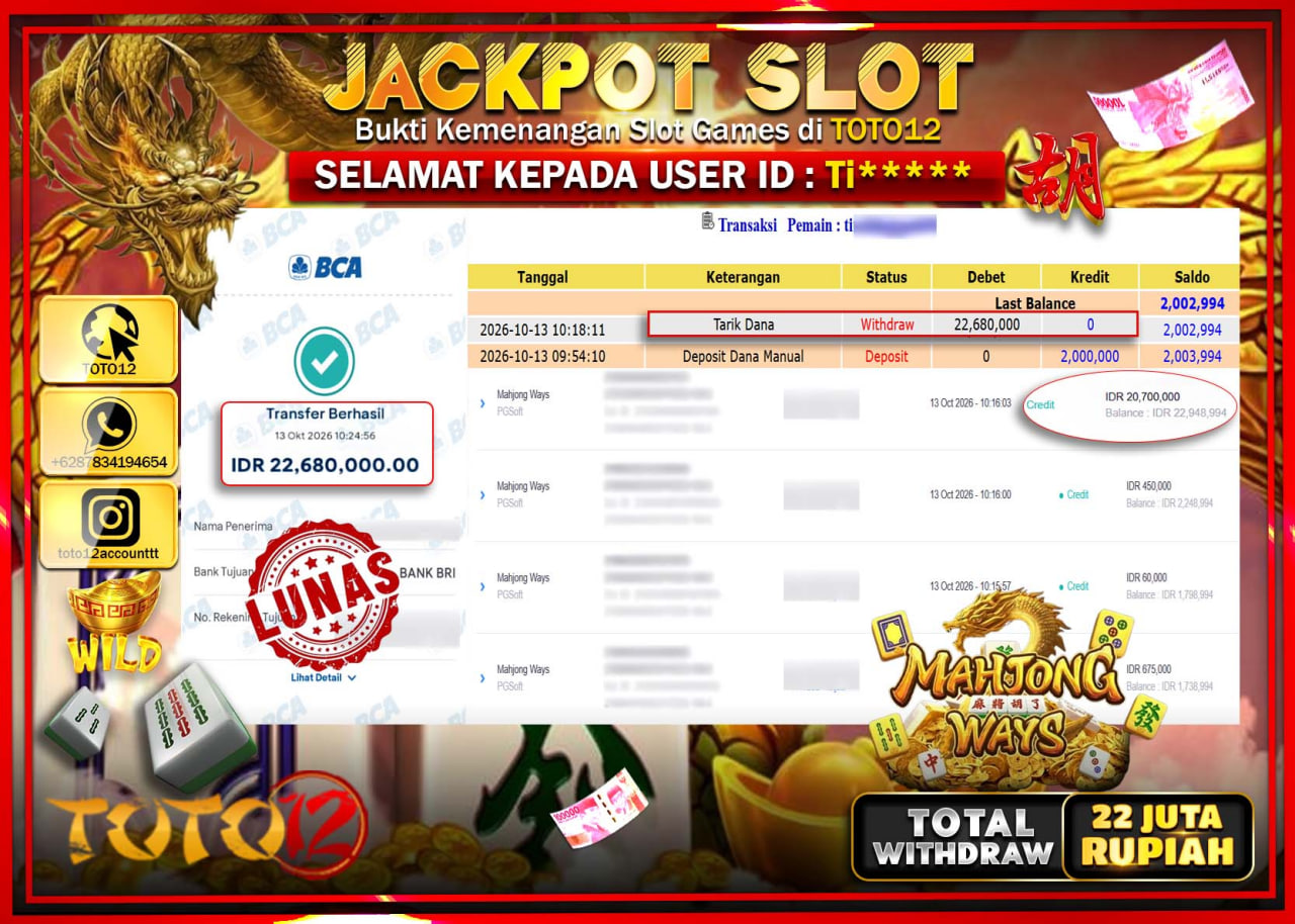 HANYA DI TOTO12 JP PASTI DI BAYAR LUNAS DAN CEPAT!!!!!! JACKPOT SLOT GAME(MAHJONG WAYS) Rp22.680.000!!!!