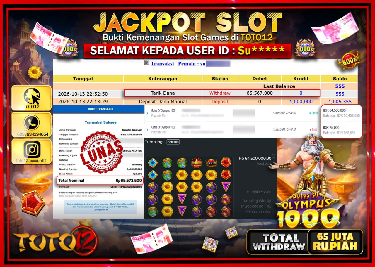 HANYA DI TOTO12 JP PASTI DI BAYAR LUNAS DAN CEPAT!!!!!! JACKPOT SLOT GAME(GATES OF OLYMPUS 1000) Rp65.567.000!!!!