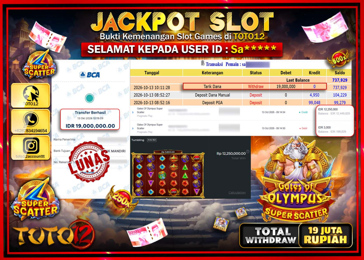 HANYA DI TOTO12 JP PASTI DI BAYAR LUNAS DAN CEPAT!!!!!! JACKPOT SLOT GAME(GATES OF OLYMPUS SUPER SCATTER) Rp19.000.000!!!!