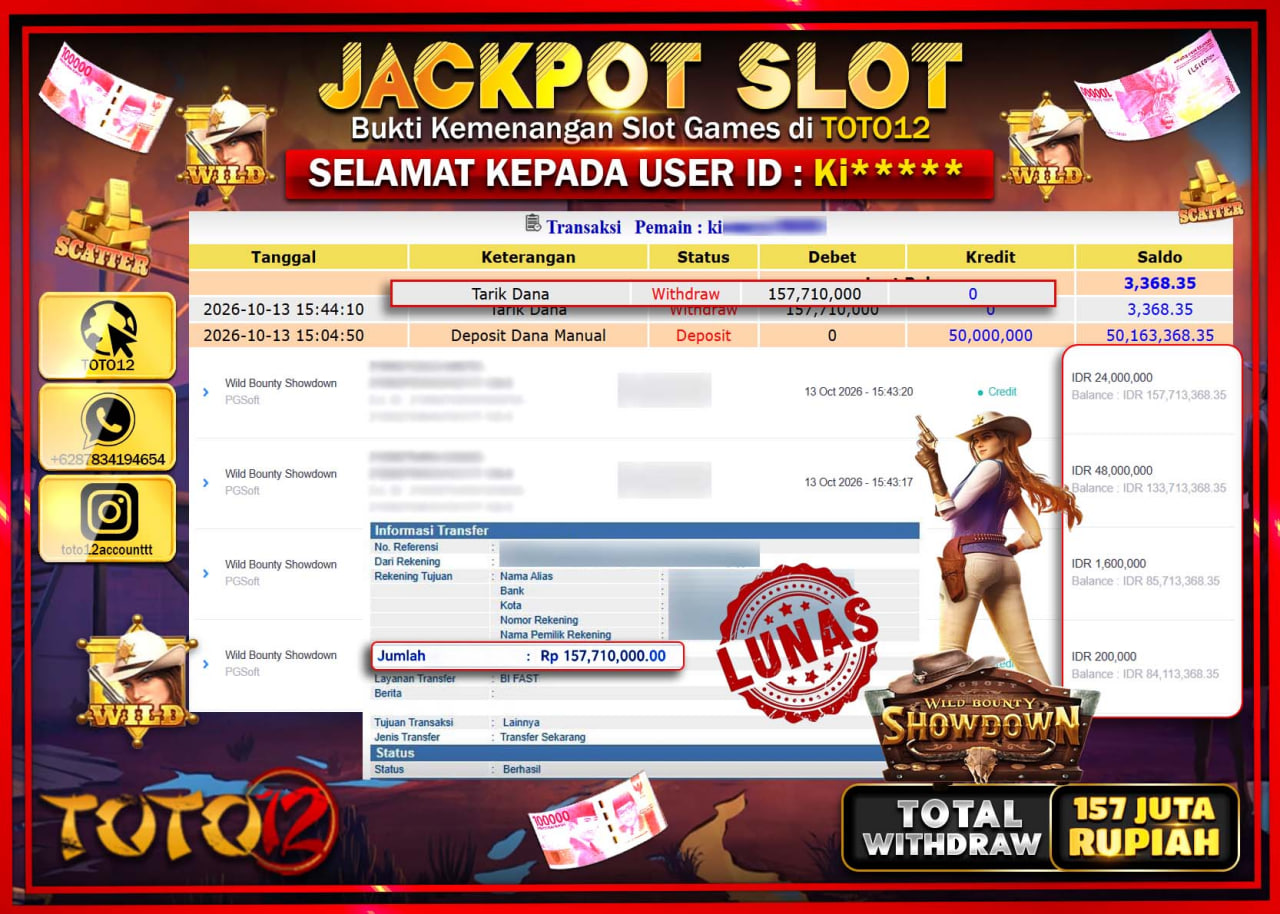 HANYA DI TOTO12 JP PASTI DI BAYAR LUNAS DAN CEPAT!!!!!! JACKPOT SLOT GAME(WILD BOUNTY SHOWDOWN) Rp157.710.000!!!!