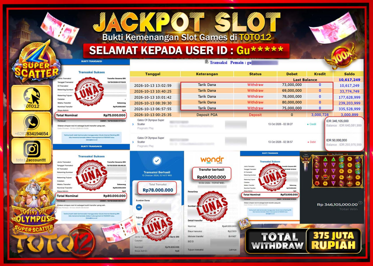 HANYA DI TOTO12 JP PASTI DI BAYAR LUNAS DAN CEPAT!!!!!! JACKPOT SLOT GAME(GATES OF OLYMPUS SUPER SCATTER) Rp375.000.000!!!!