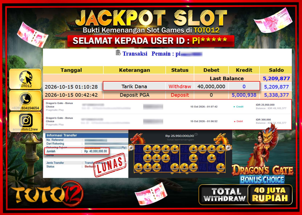 HANYA DI TOTO12 JP PASTI DI BAYAR LUNAS DAN CEPAT!!!!!! JACKPOT SLOT GAME(DRAGONS GATE BONUS CHOICE) Rp40.000.000!!!!