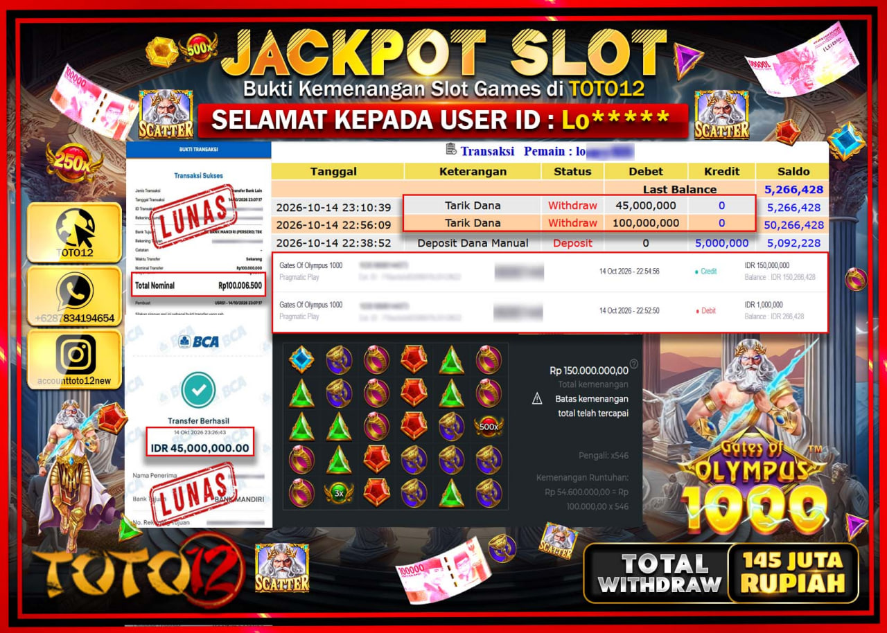 HANYA DI TOTO12 JP PASTI DI BAYAR LUNAS DAN CEPAT!!!!!! JACKPOT SLOT GAME(GATES OF OLYMPUS 1000) Rp145.000.000!!!!