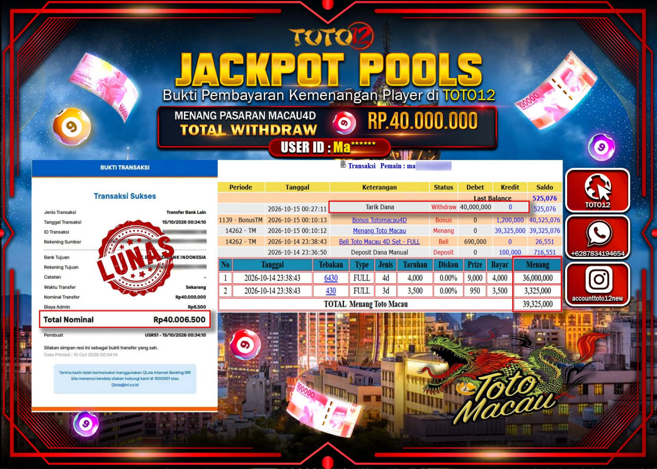 HANYA DI TOTO12 JP PASTI DI BAYAR LUNAS DAN CEPAT!!!!!! JACKPOT POOLS PASARAN(MACAU4D) Rp40.000.000!!!!