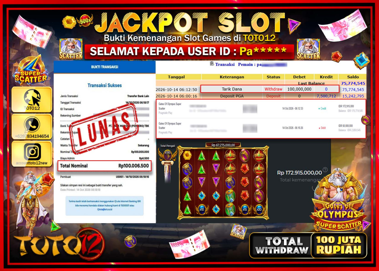 HANYA DI TOTO12 JP PASTI DI BAYAR LUNAS DAN CEPAT!!!!!! JACKPOT SLOT GAME(GATES OF OLYMPUS SUPER SCATTER) Rp100.000.000!!!!