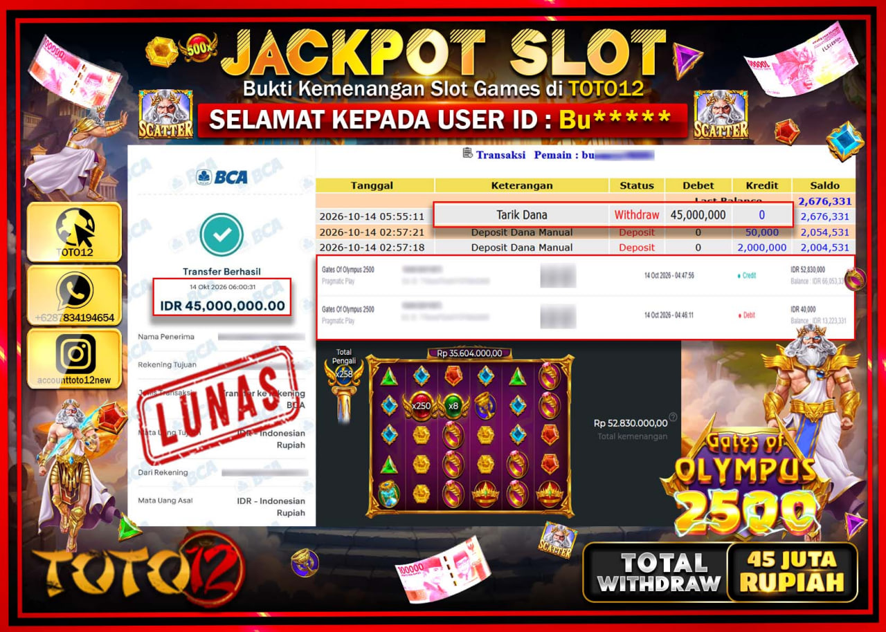 HANYA DI TOTO12 JP PASTI DI BAYAR LUNAS DAN CEPAT!!!!!! JACKPOT SLOT GAME(GATES OF OLYMPUS 2500) Rp45.000.000!!!!