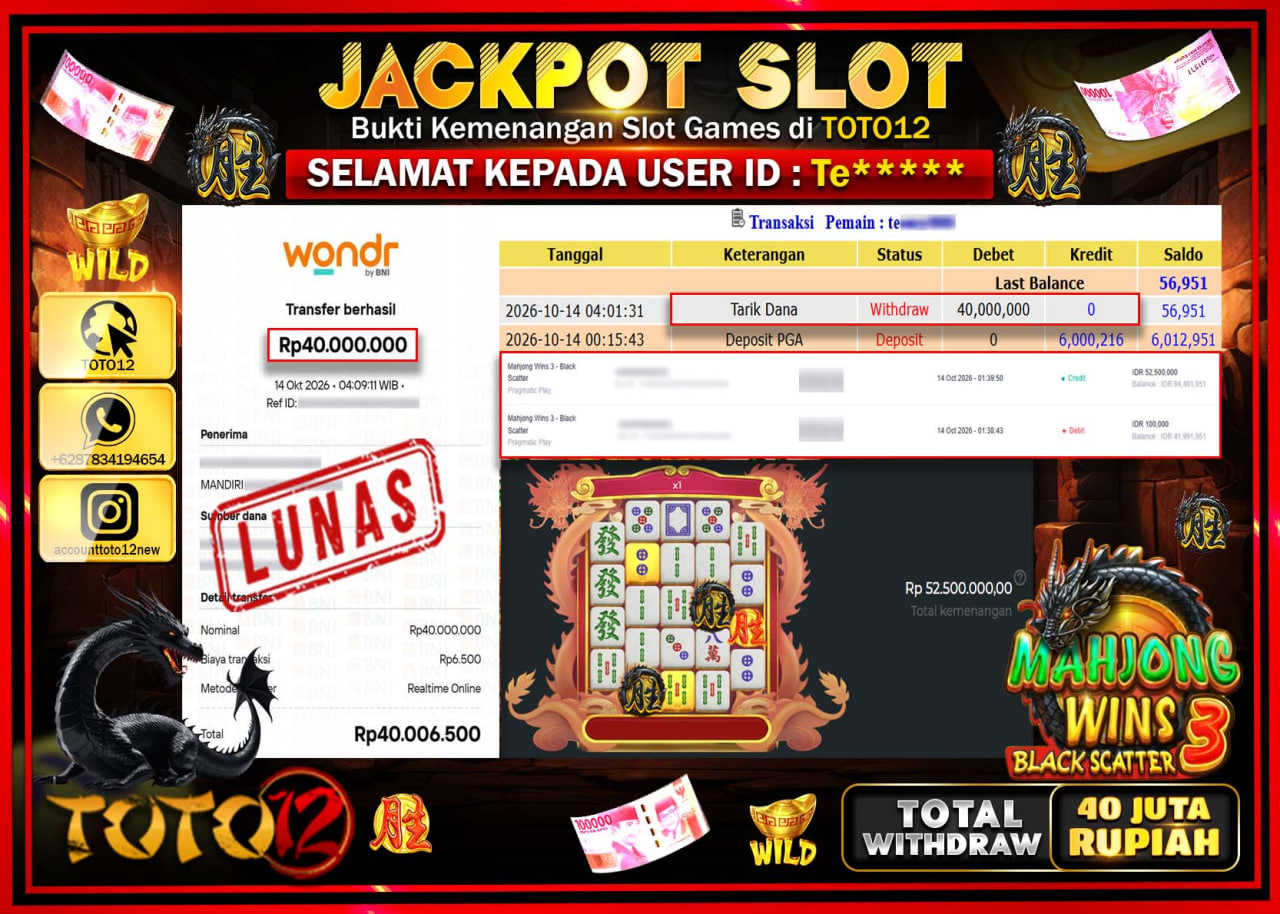HANYA DI TOTO12 JP PASTI DI BAYAR LUNAS DAN CEPAT!!!!!! JACKPOT SLOT GAME(MAHJONG WINS 3 BLACK SCATTER) Rp40.000.000!!!!