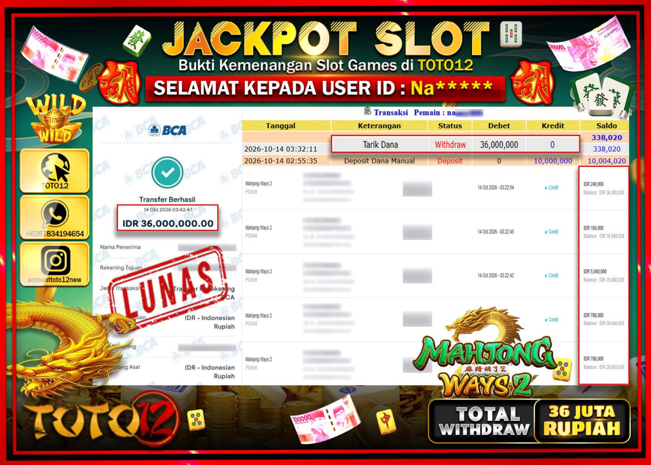 HANYA DI TOTO12 JP PASTI DI BAYAR LUNAS DAN CEPAT!!!!!! JACKPOT SLOT GAME(MAHJONG WAYS 2) Rp36.000.000!!!!