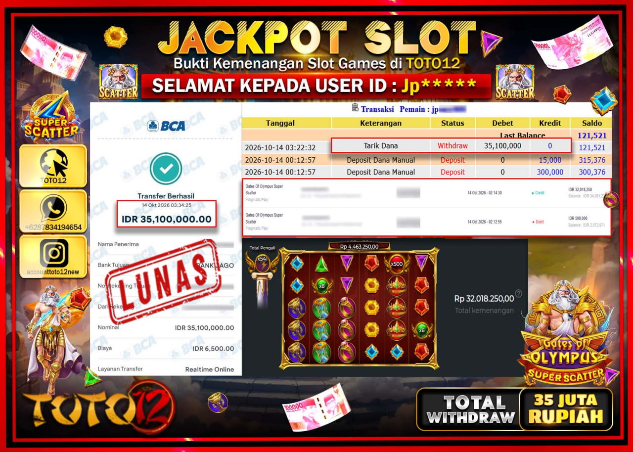 HANYA DI TOTO12 JP PASTI DI BAYAR LUNAS DAN CEPAT!!!!!! JACKPOT SLOT GAME(GATES OF OLYMPUS SUPER SCATTER) Rp35.100.000!!!!