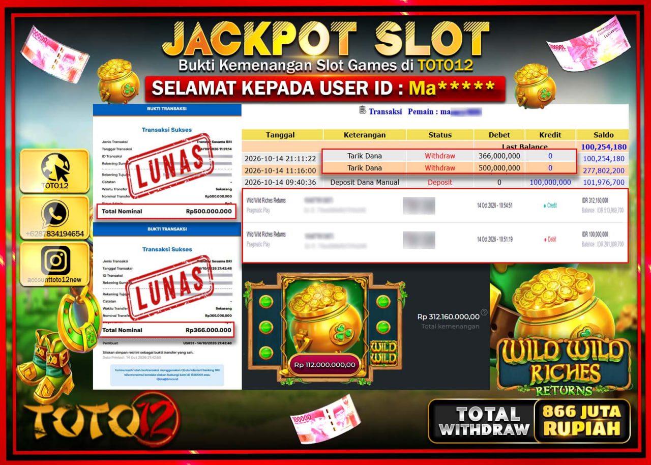 HANYA DI TOTO12 JP PASTI DI BAYAR LUNAS DAN CEPAT!!!!!! JACKPOT SLOT GAME(WILD WILD RICHES RETURNS) Rp866.000.000!!!!