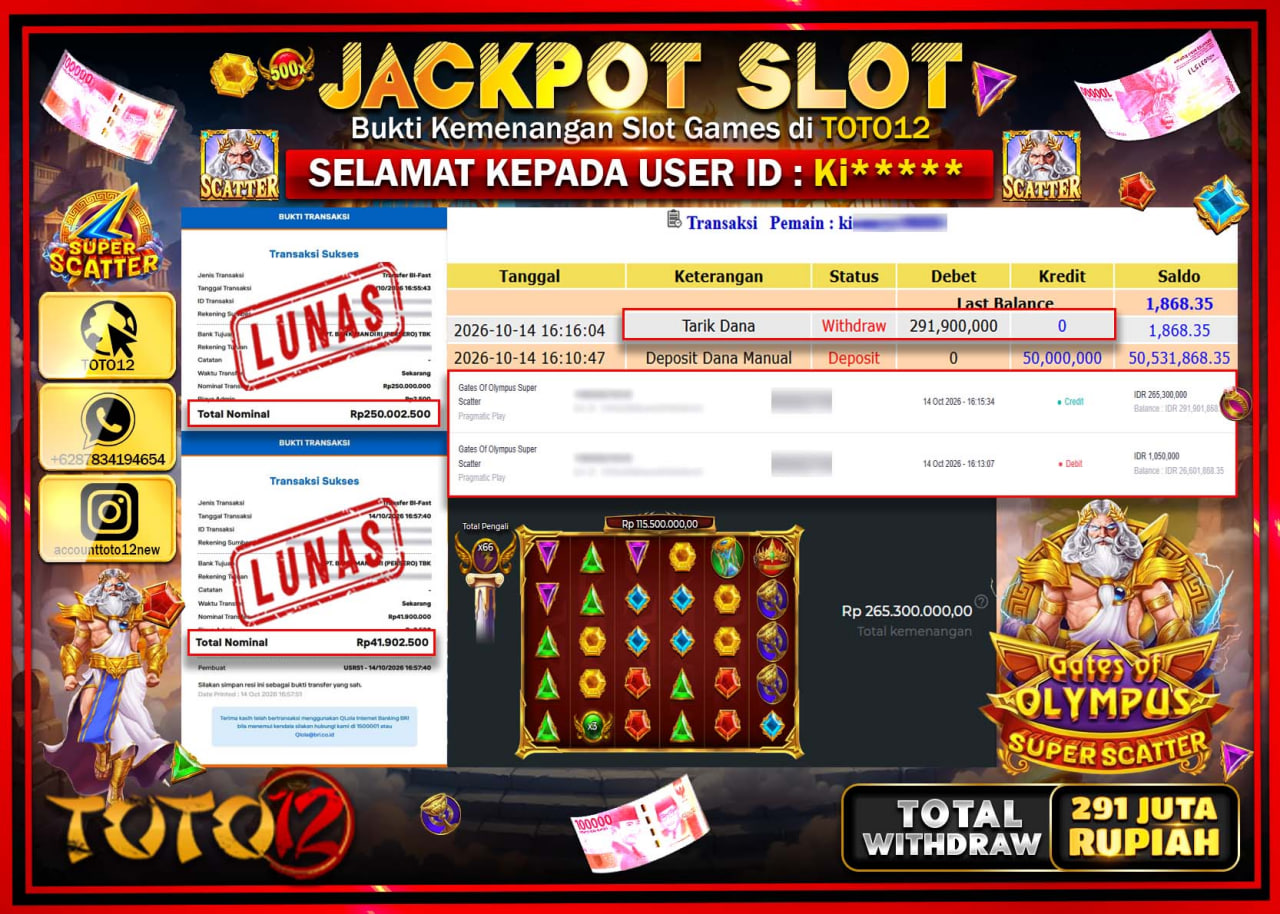 HANYA DI TOTO12 JP PASTI DI BAYAR LUNAS DAN CEPAT!!!!!! JACKPOT SLOT GAME(GATES OF OLYMPUS SUPER SCATTER) Rp291.900.000!!!!