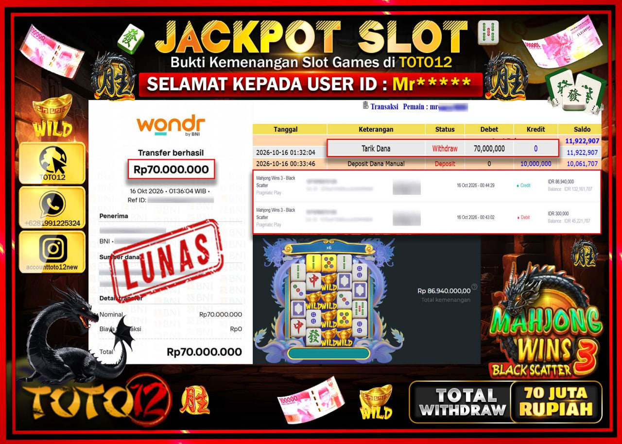 HANYA DI TOTO12 JP PASTI DI BAYAR LUNAS DAN CEPAT!!!!!! JACKPOT SLOT GAME(MAHJONG  WINS 3 BLACK SCATTER) Rp70.000.000!!!!