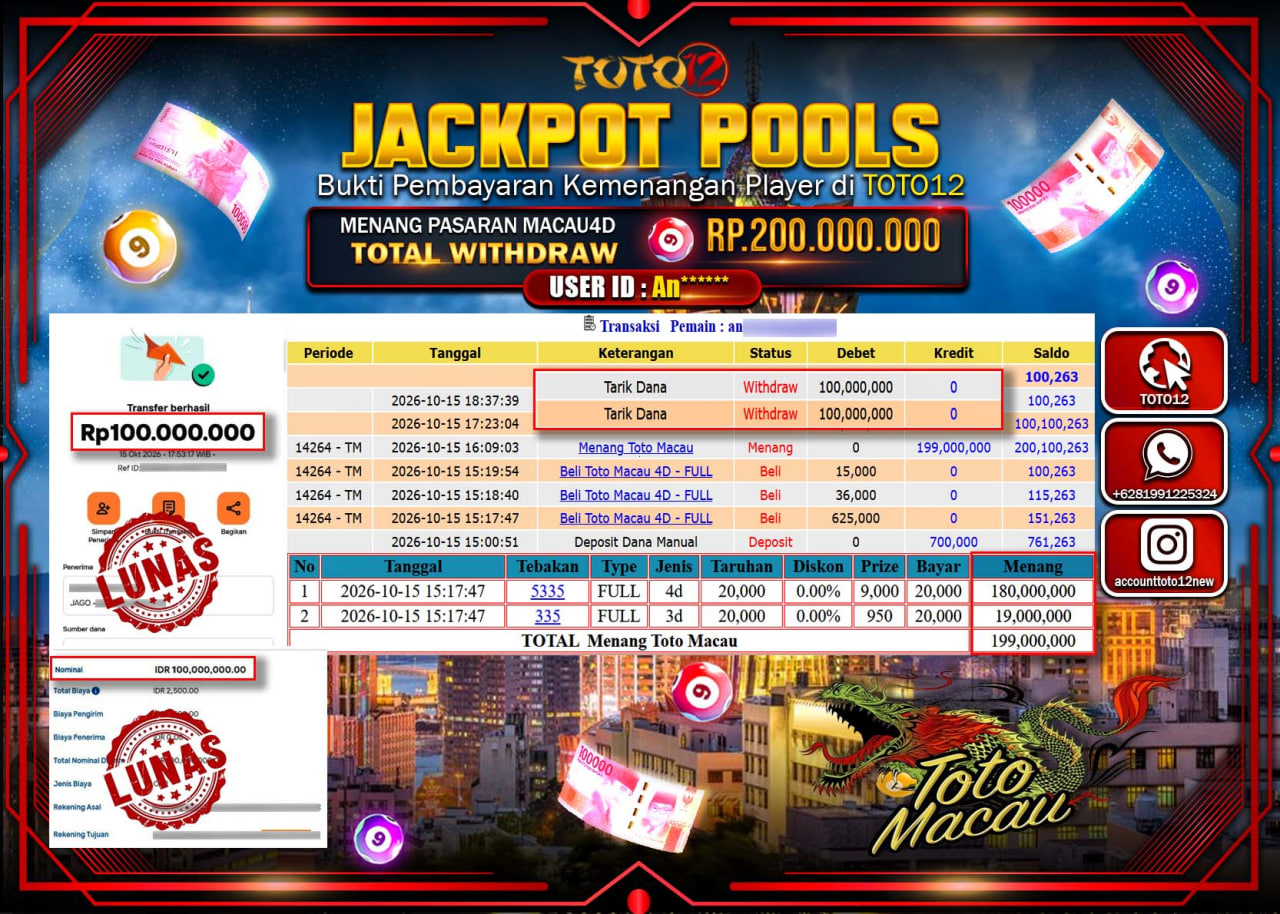 HANYA DI TOTO12 JP PASTI DI BAYAR LUNAS DAN CEPAT!!!!!! JACKPOT POOLS PASARAN(MACAU4D) Rp200.000.000!!!!