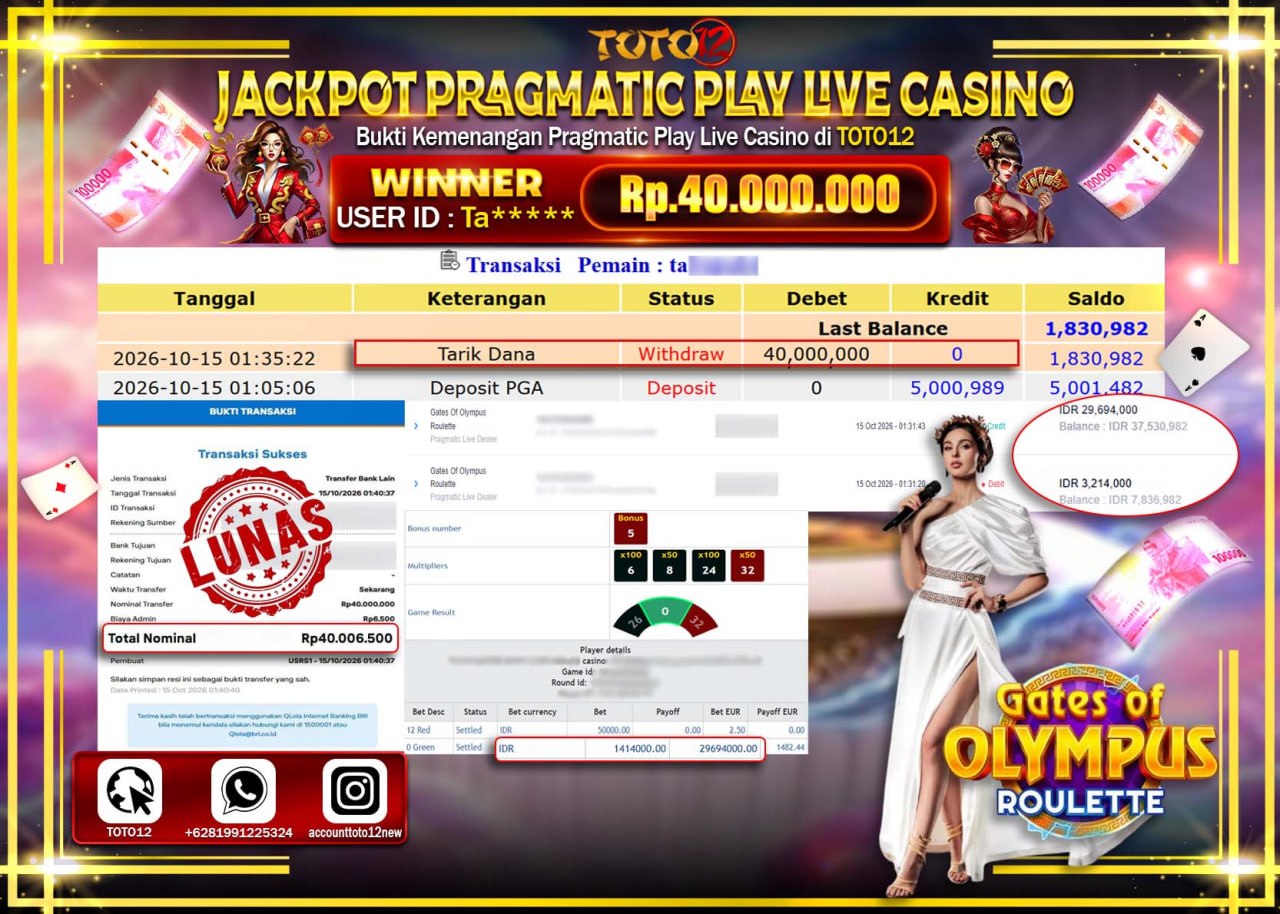 HANYA DI TOTO12 JP PASTI DI BAYAR LUNAS DAN CEPAT!!!!!! JACKPOT PRAGMATIC PLAY LIVE CASINO(GATES OF OLYMPUS ROULETTE) Rp40.000.000!!!!