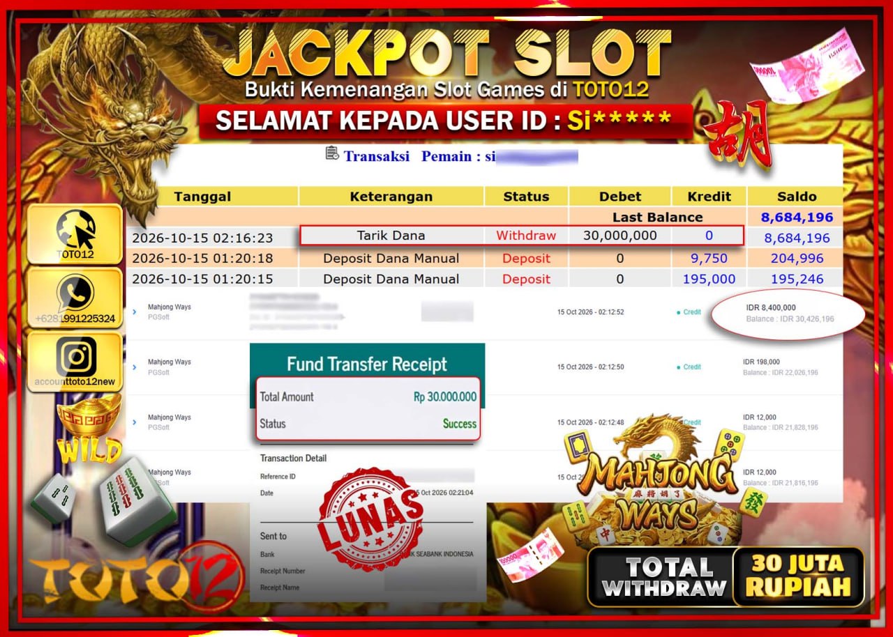 HANYA DI TOTO12 JP PASTI DI BAYAR LUNAS DAN CEPAT!!!!!! JACKPOT SLOT GAME(MAHJONG  WAYS) Rp30.000.000!!!!