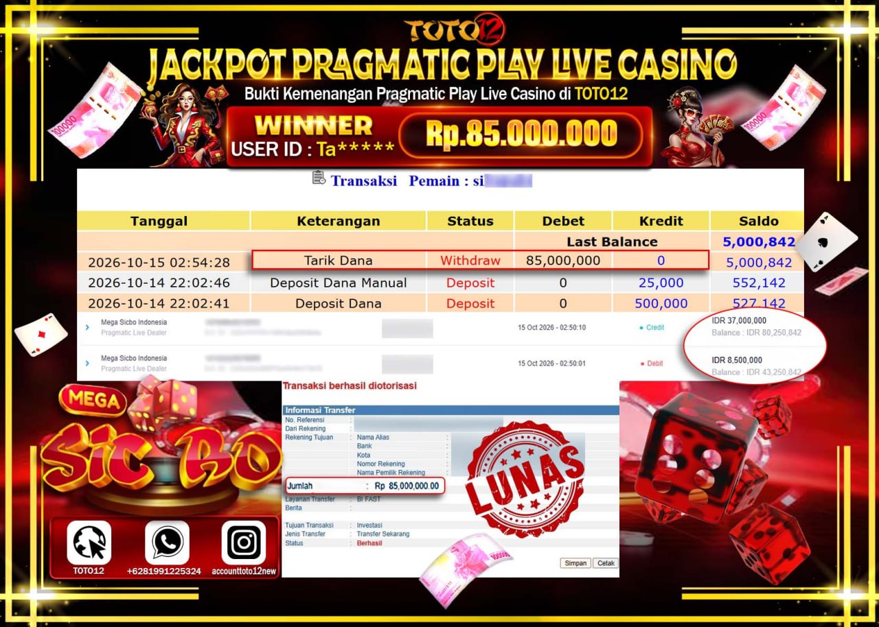 HANYA DI TOTO12 JP PASTI DI BAYAR LUNAS DAN CEPAT!!!!!! JACKPOT PRAGMATIC PLAY LIVE CASINO(MEGA SICBO) Rp85.000.000!!!!