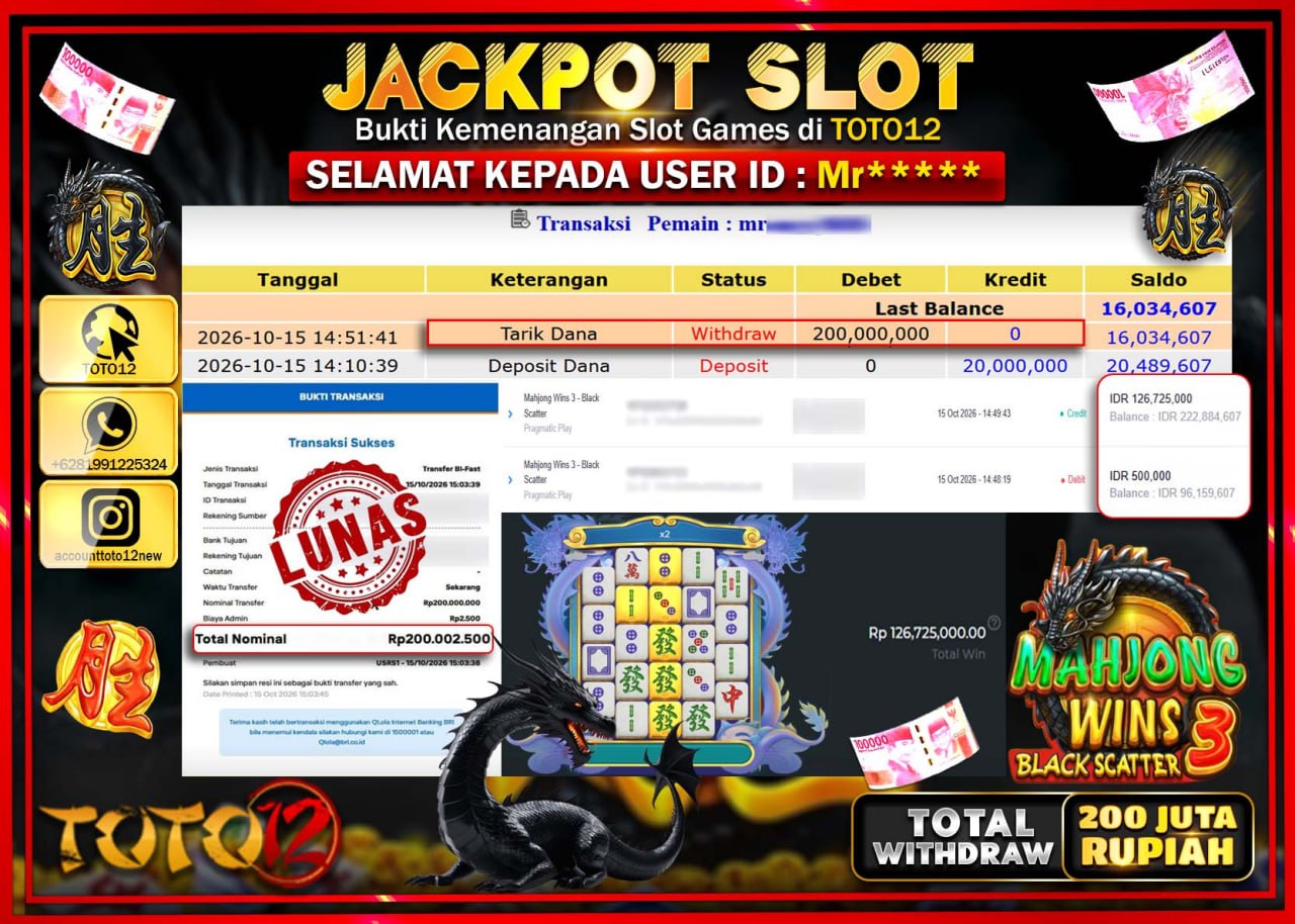 HANYA DI TOTO12 JP PASTI DI BAYAR LUNAS DAN CEPAT!!!!!! JACKPOT SLOT GAME(MAHJONG WINS 3 BLACK SCATTER) Rp200.000.000!!!!