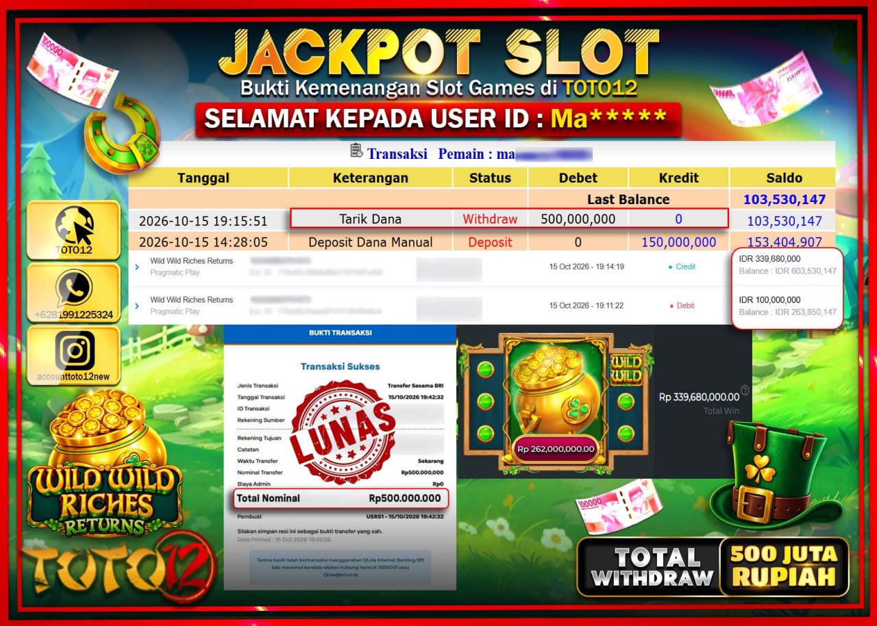 HANYA DI TOTO12 JP PASTI DI BAYAR LUNAS DAN CEPAT!!!!!! JACKPOT SLOT GAME(WILD WILD RICHES RETURNS) Rp500.000.000!!!!