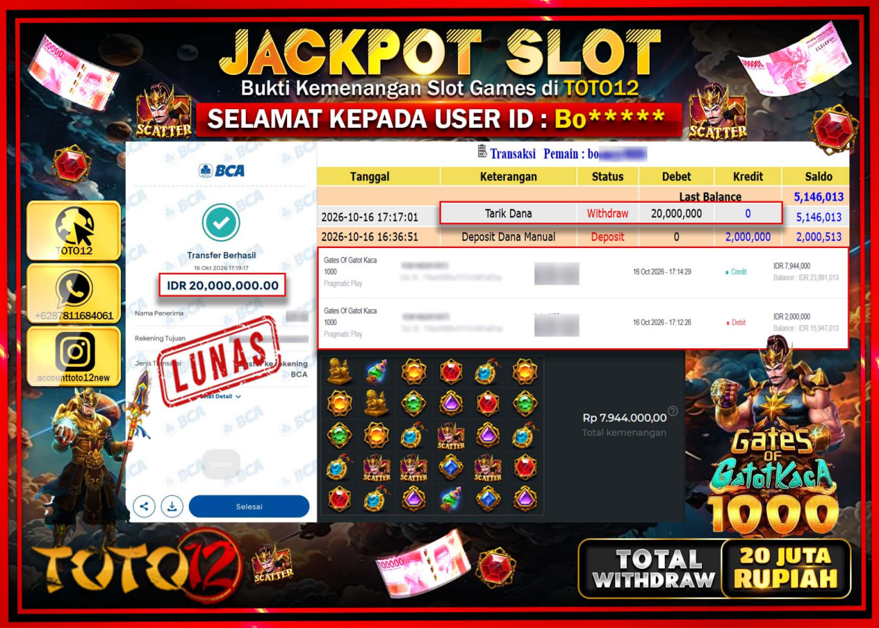 HANYA DI TOTO12 JP PASTI DI BAYAR LUNAS DAN CEPAT!!!!!! JACKPOT SLOT GAME(GATES OF GATOT KACA 1000 ) Rp20.000.000!!!!