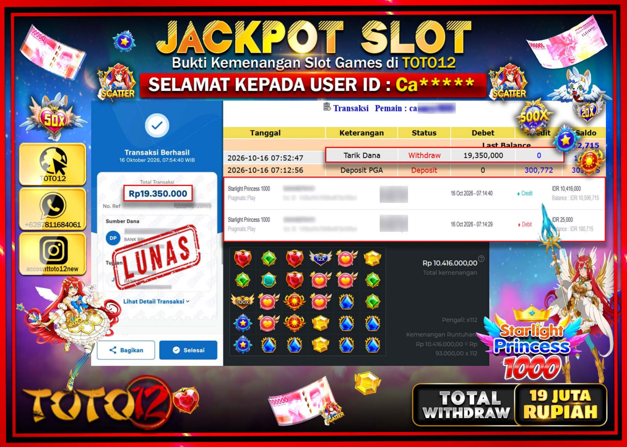 HANYA DI TOTO12 JP PASTI DI BAYAR LUNAS DAN CEPAT!!!!!! JACKPOT SLOT GAME(STARLIGHT PRINCESS 1000 ) Rp19.350.000!!!!