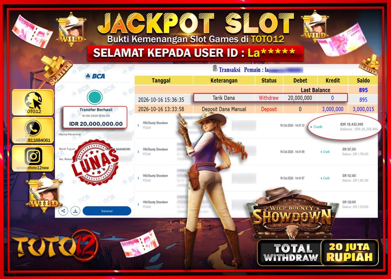 HANYA DI TOTO12 JP PASTI DI BAYAR LUNAS DAN CEPAT!!!!!! JACKPOT SLOT GAME(WILD BOUNTY SHOWDOWN ) Rp20.000.000!!!!