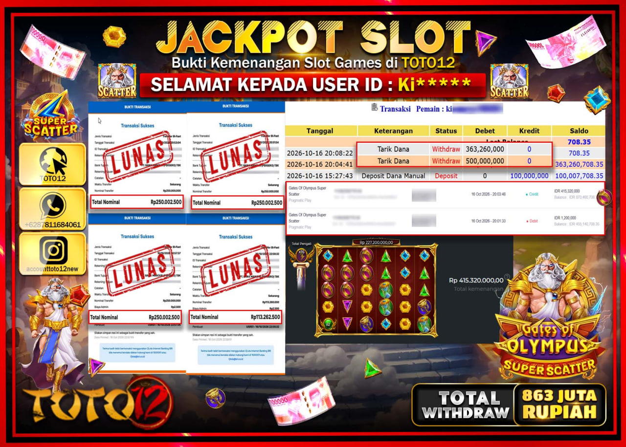 HANYA DI TOTO12 JP PASTI DI BAYAR LUNAS DAN CEPAT!!!!!! JACKPOT SLOT GAME(GATES OF OLYMPUS SUPER SCATTER) Rp863.260.000!!!!